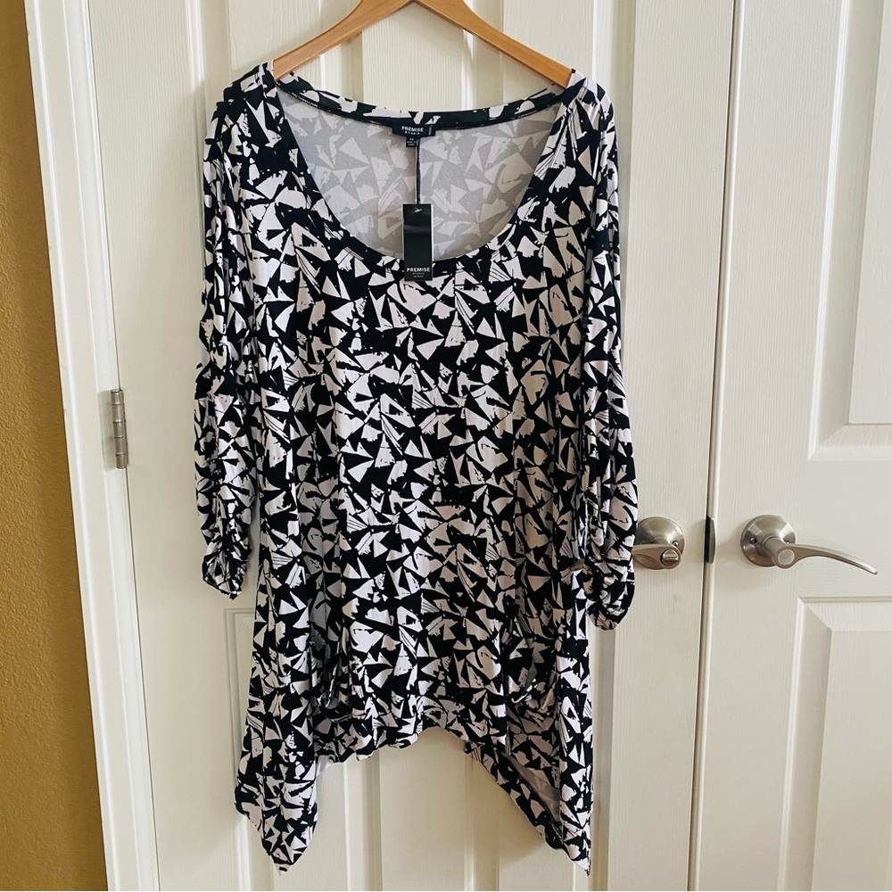 Premise White Black Geometric 3/4 Sleeve Top Women’s Plus Size 2X